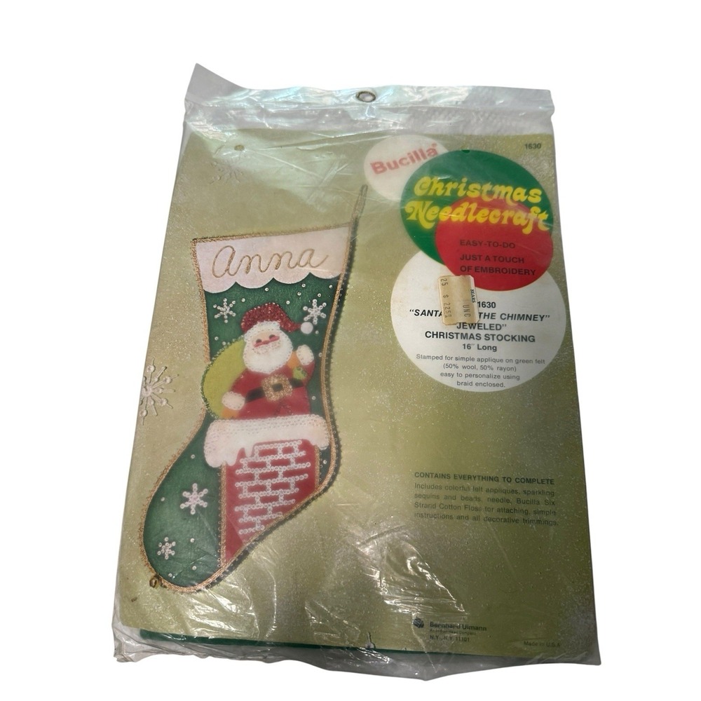 Vintage Bucilla Santa Down the Chimney Jeweled Christmas Stocking Kit 1630 16"